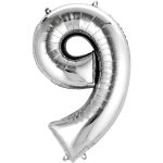 בלון מספר 9 בצבע כסף בגודל 34 אינץ'