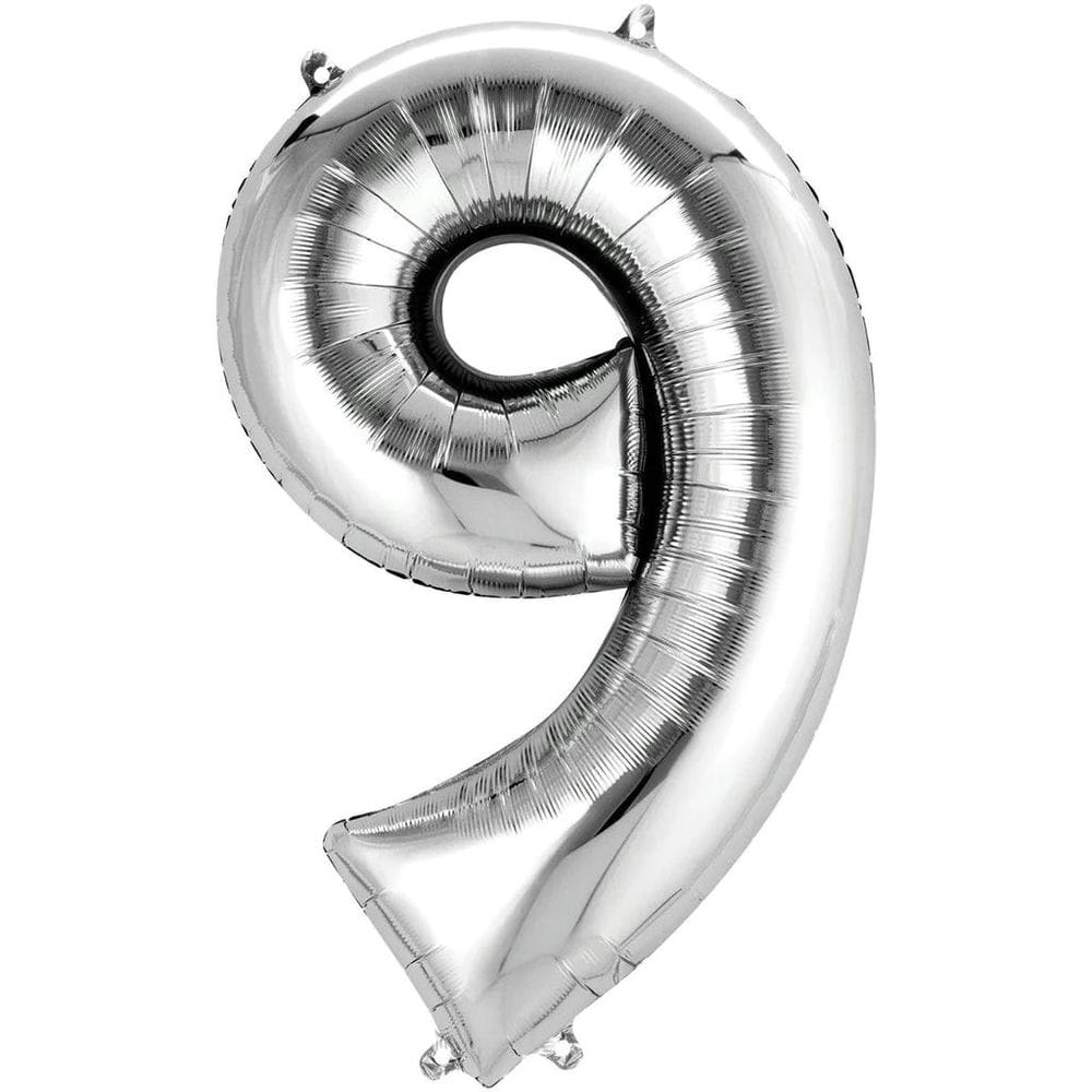 בלון מספר 9 בצבע כסף בגודל 34 אינץ'